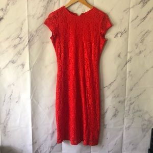 FLORAL LACE CAP SLEEVE KNEE LENGTH DRESS - RED/ORANGE WOMENS SIZE 4